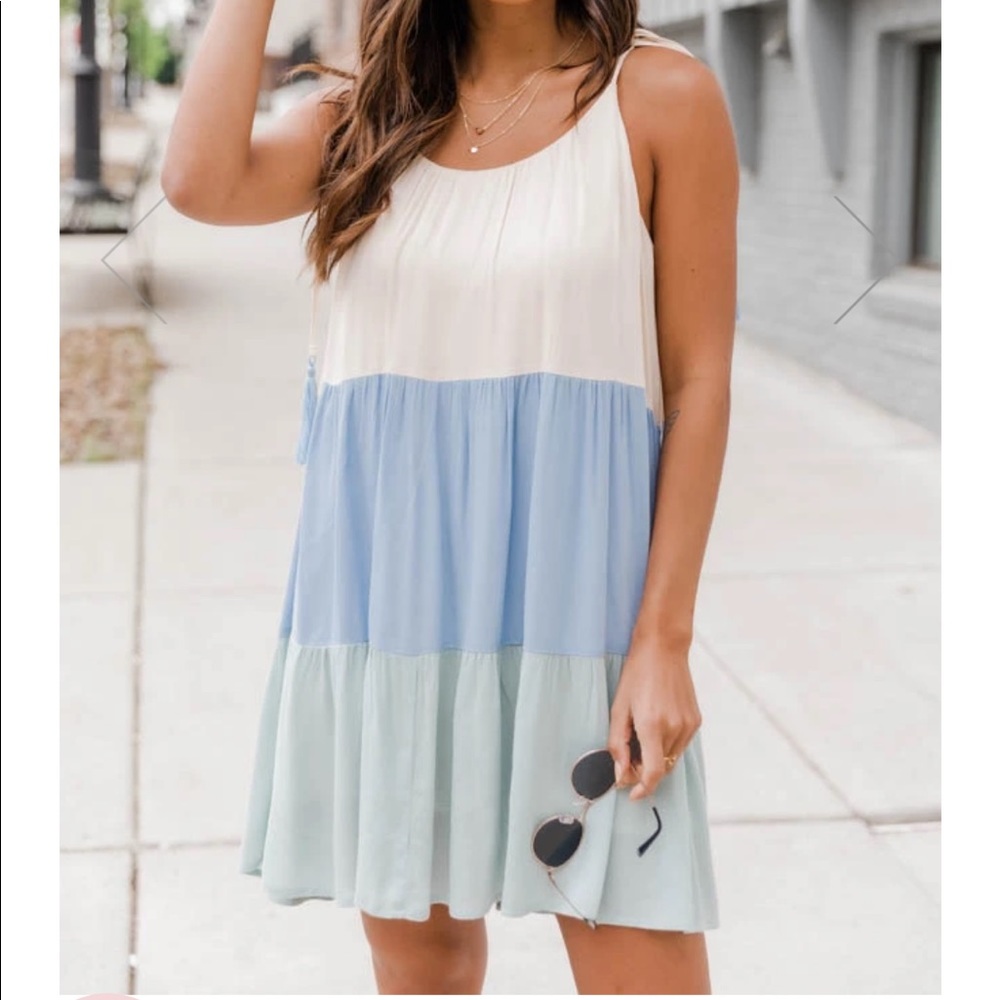 MORNING AURA COLORBLOCK BLUE/SAGE TIE STRAP DRESS
